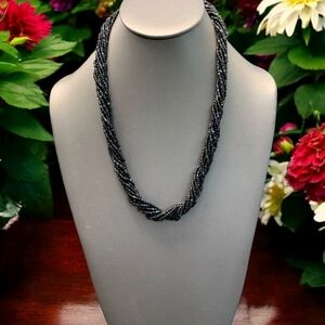 Vintage Necklace Boho Glass Seeded Bead Multi Strand AB Black   20”